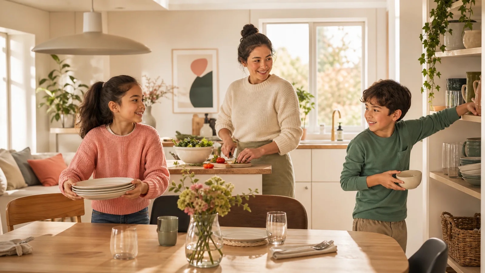 A family cooking and setting the table together in the kitchen
