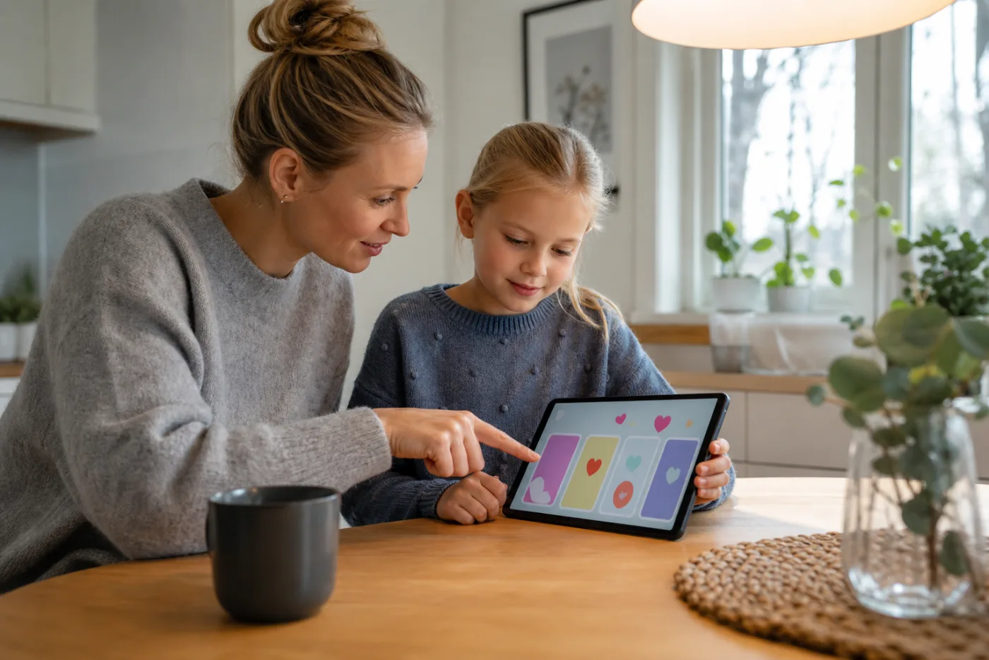 Parent and child review private settings on a tablet