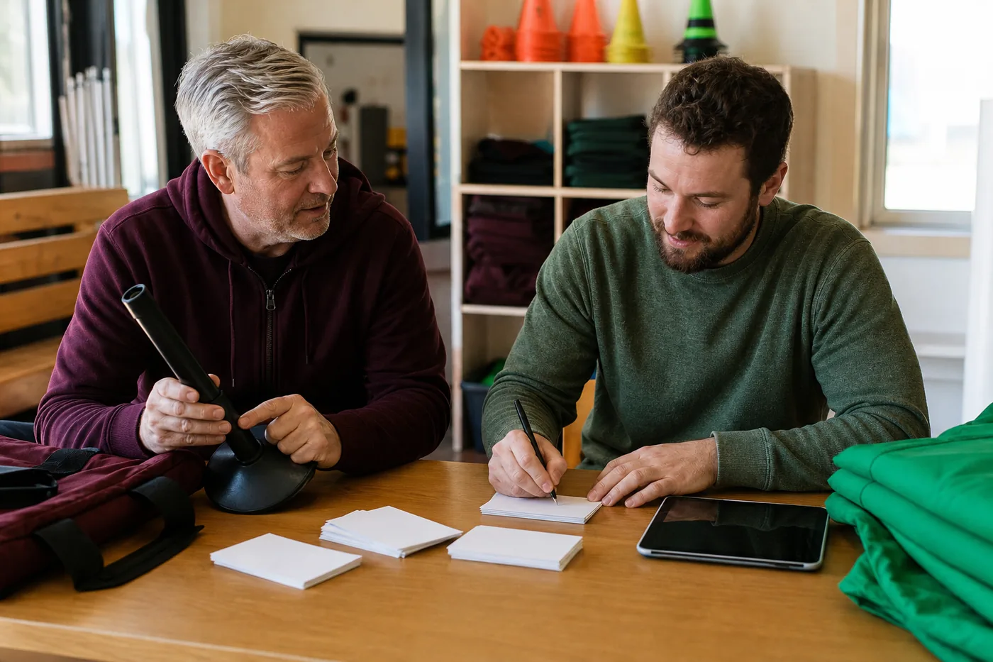 Experienced and new volunteer create reusable task cards together in a clubhouse