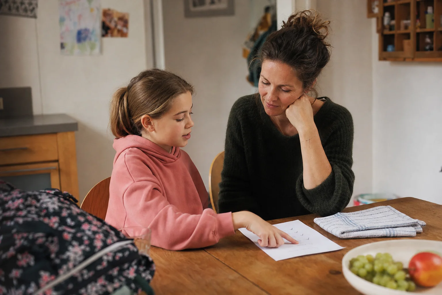 A child and parent planning everyday tasks together at the kitchen table
