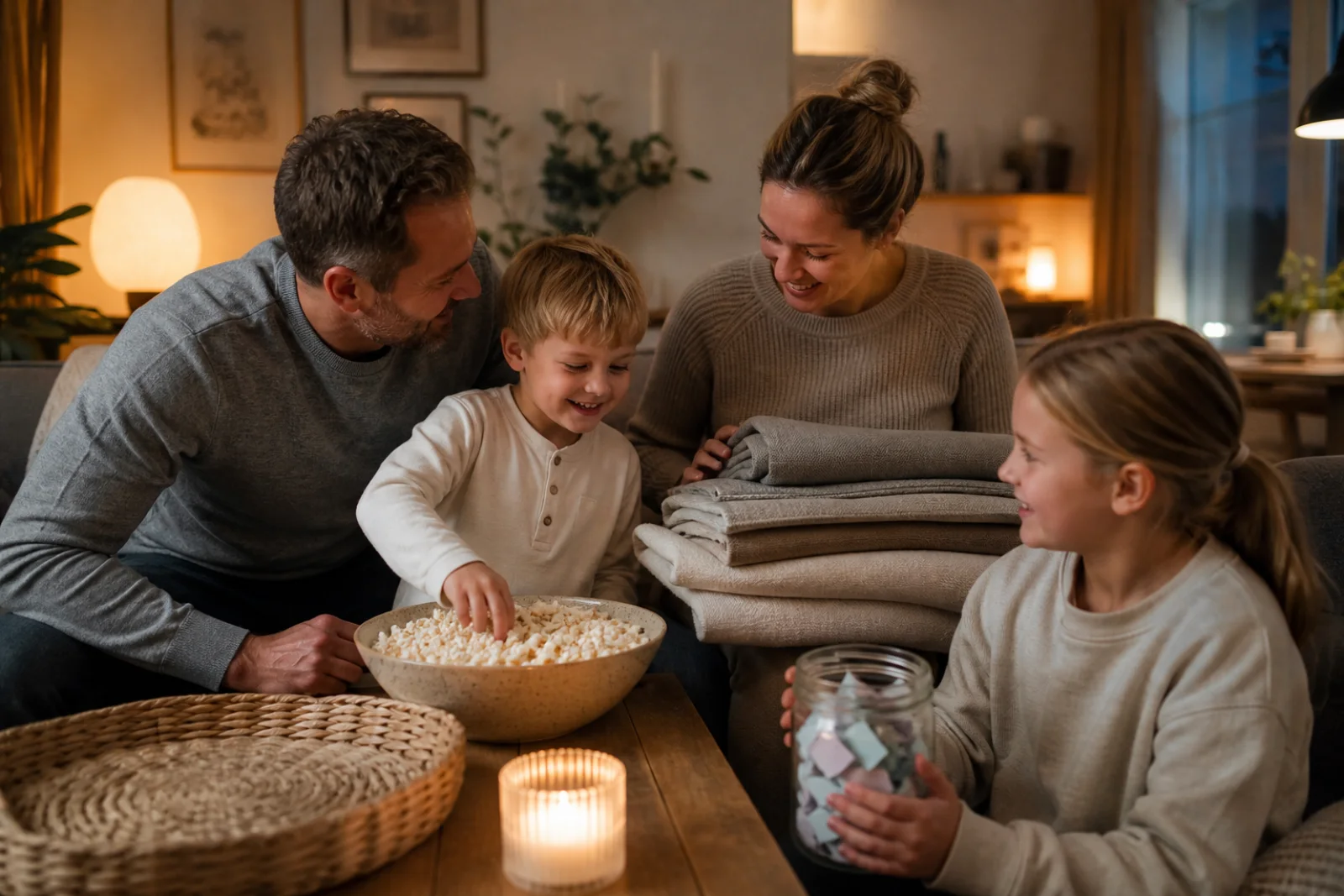 A family is relaxing with blankets, popcorn, and a homemade cave setup in the living room.