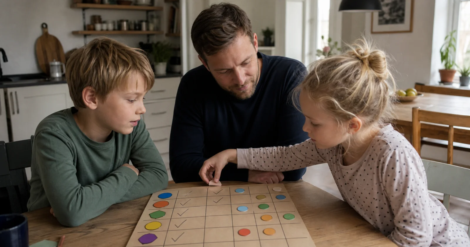 A family chooses tasks together at a simple reward board.