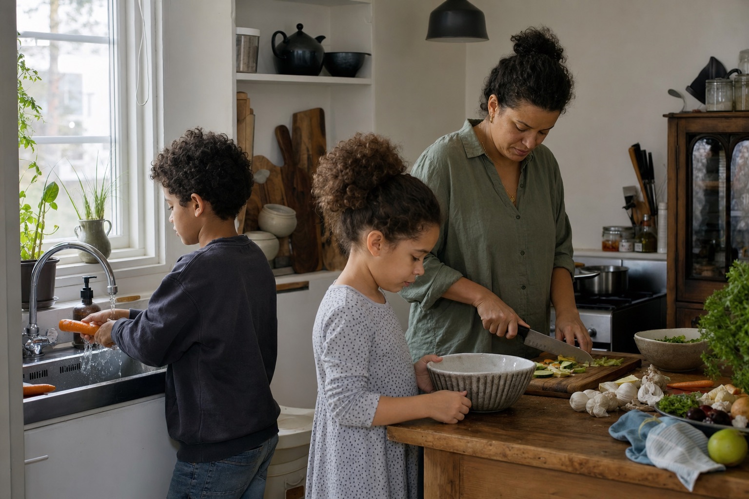A parent and two children are preparing vegetables together in a regular kitchen.