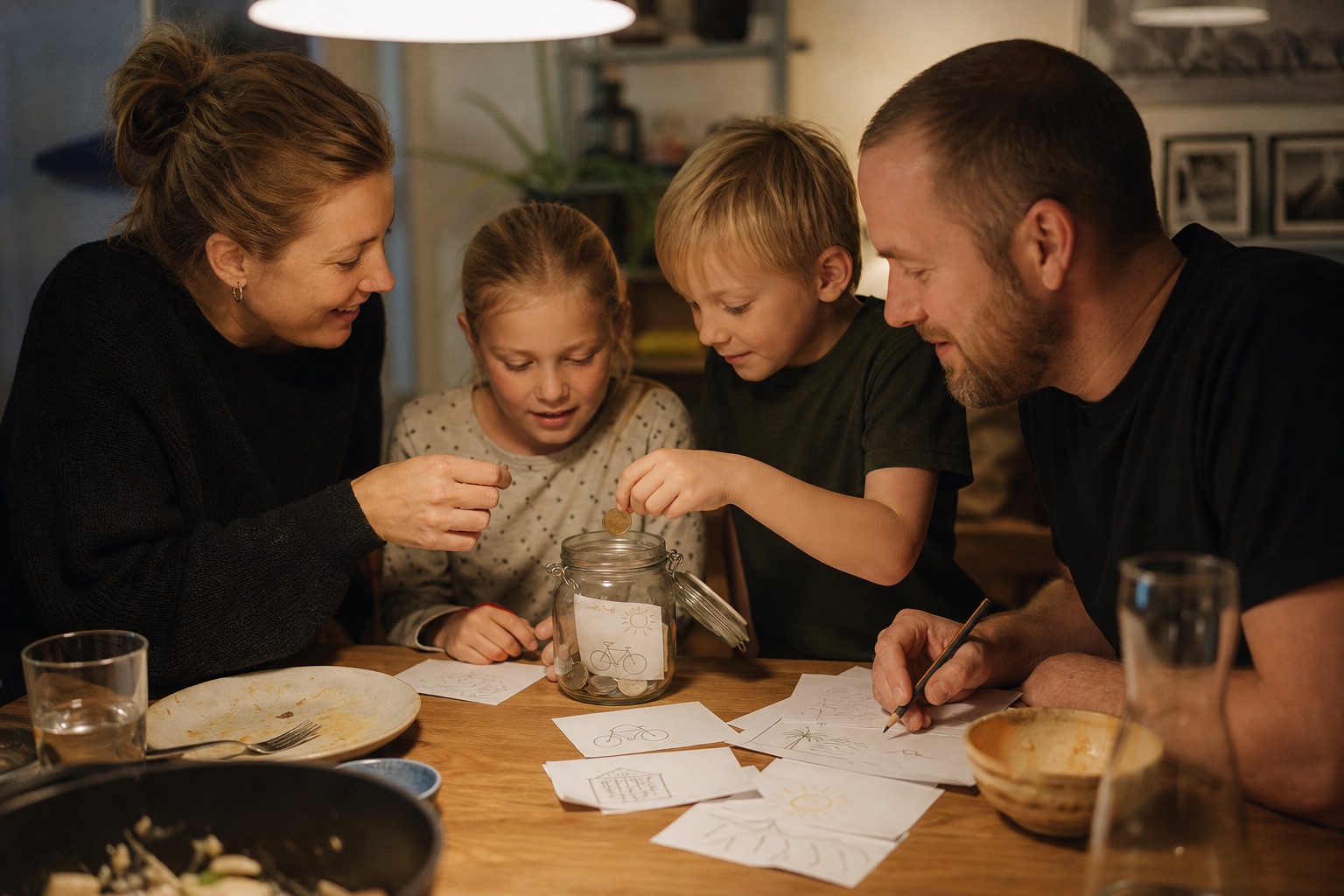 A family contributes small amounts and ideas in a jar for a shared experience.