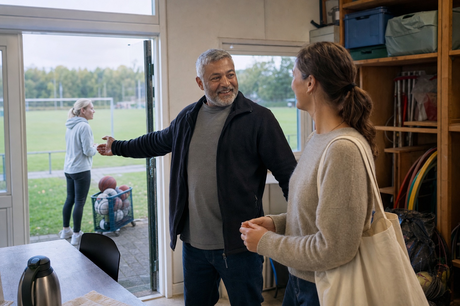 An experienced volunteer shows a new helper around a typical clubhouse.