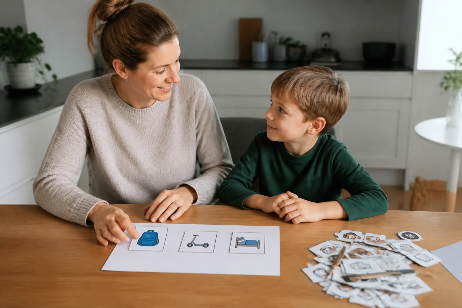 A parent and child calmly work through a simple worksheet together.