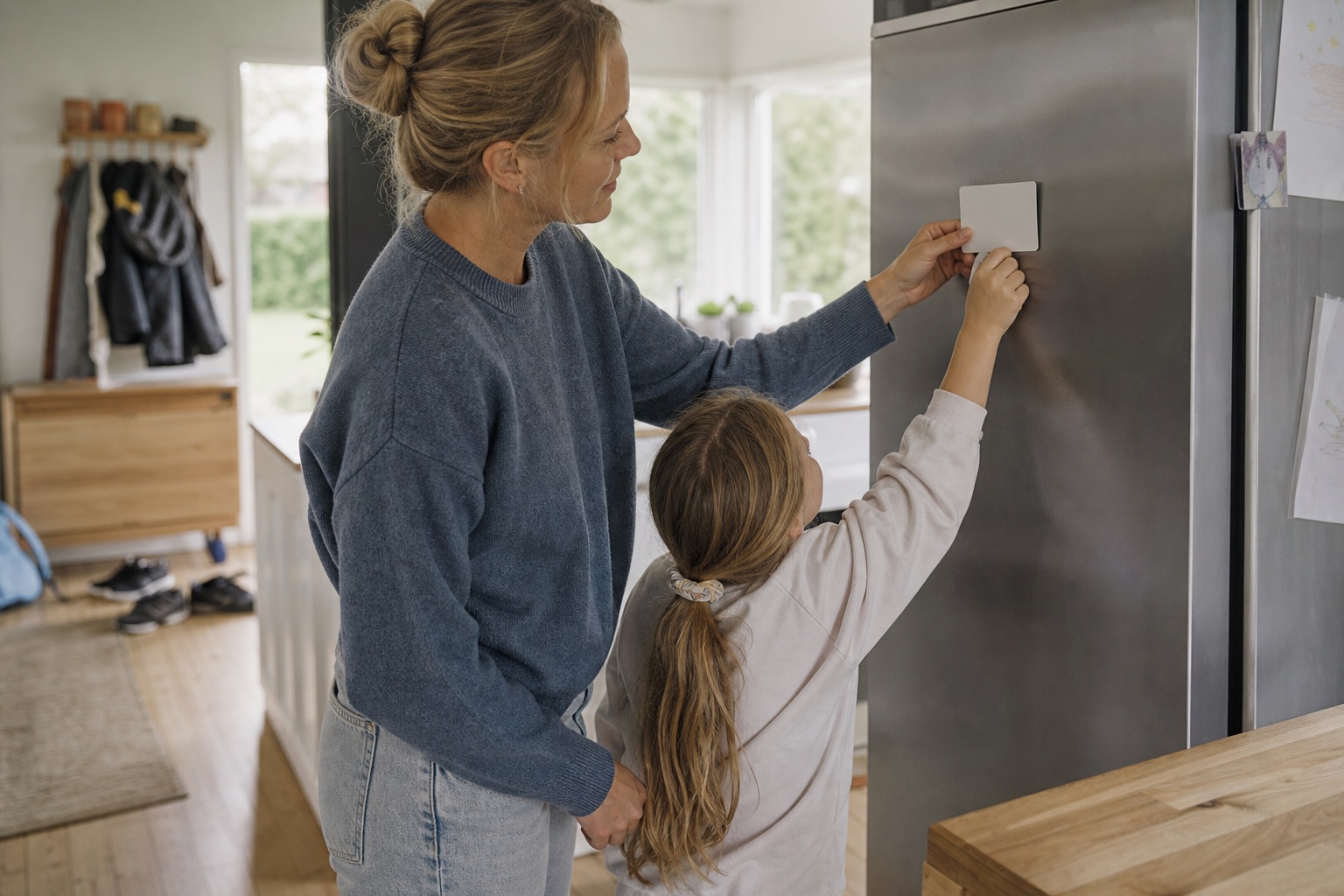 A child and a parent choose one small reminder together at the fridge.