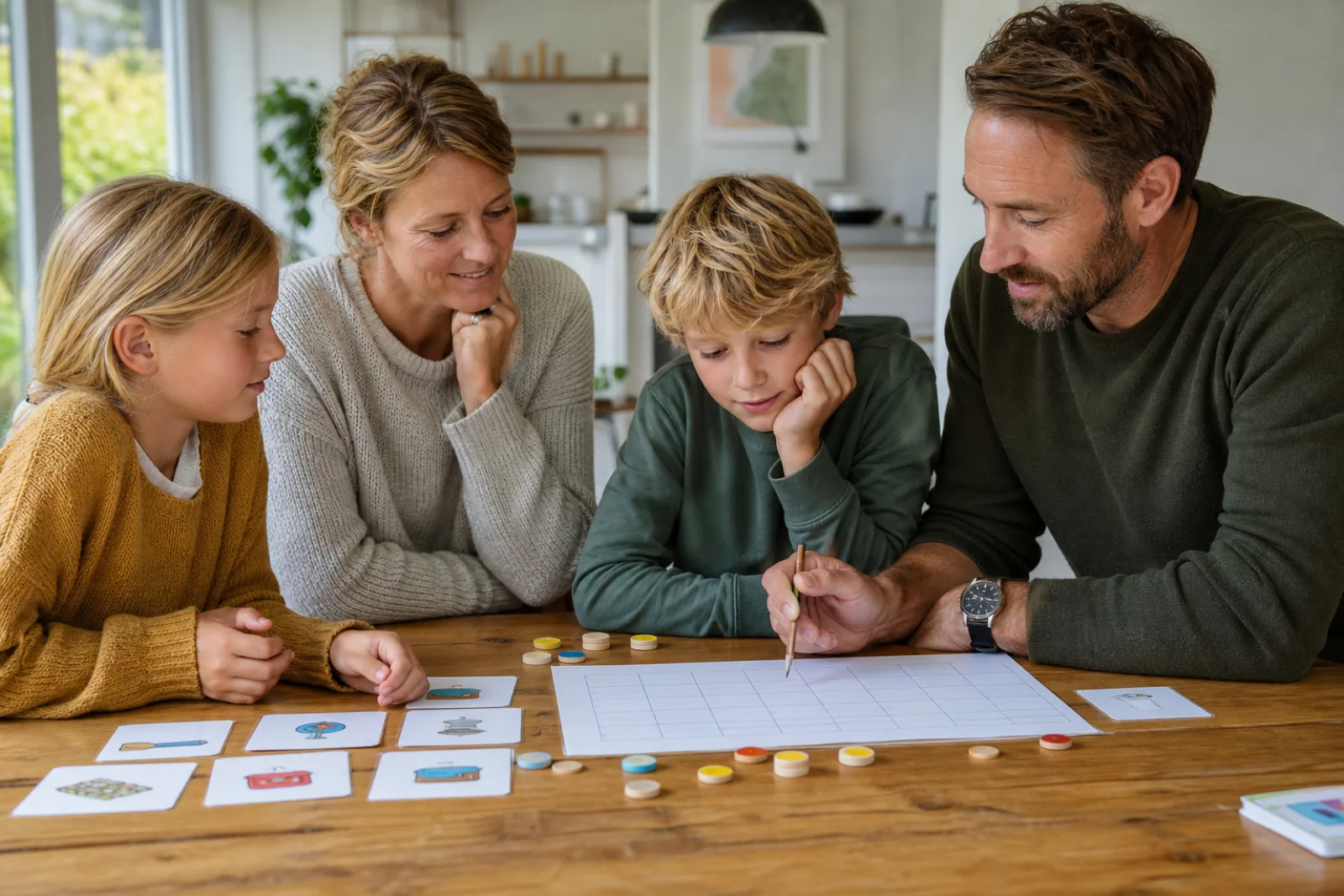 A family distributes simple task cards and wooden blocks at a dining table.
