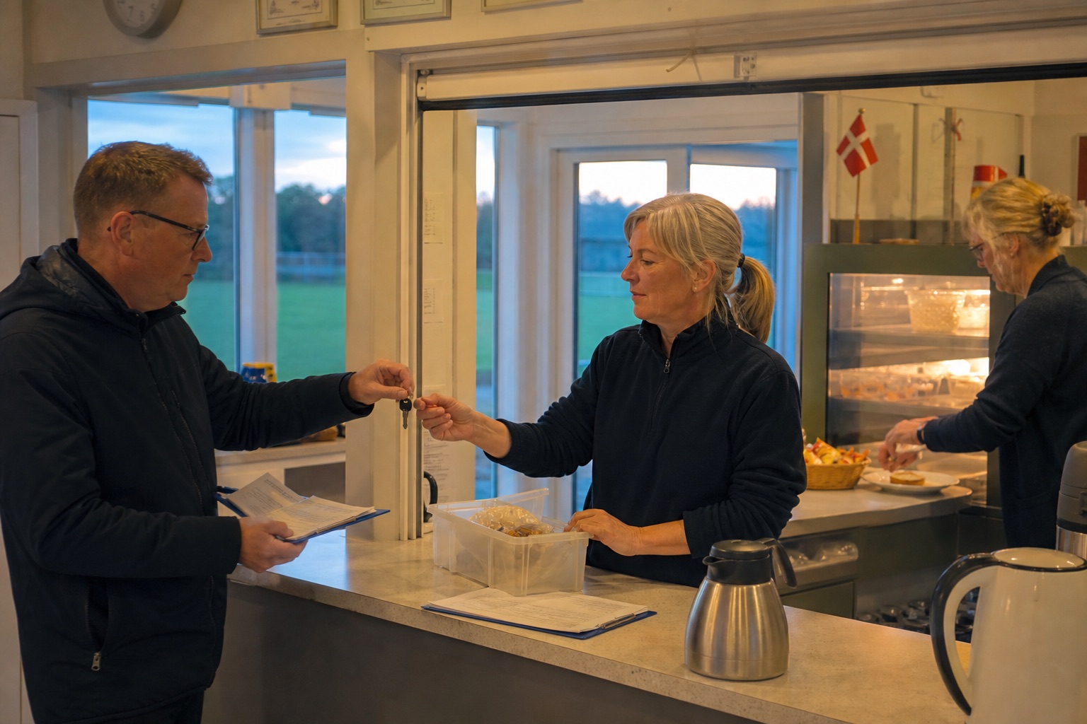 Two volunteers hand over the key and practical information at a clubhouse desk.