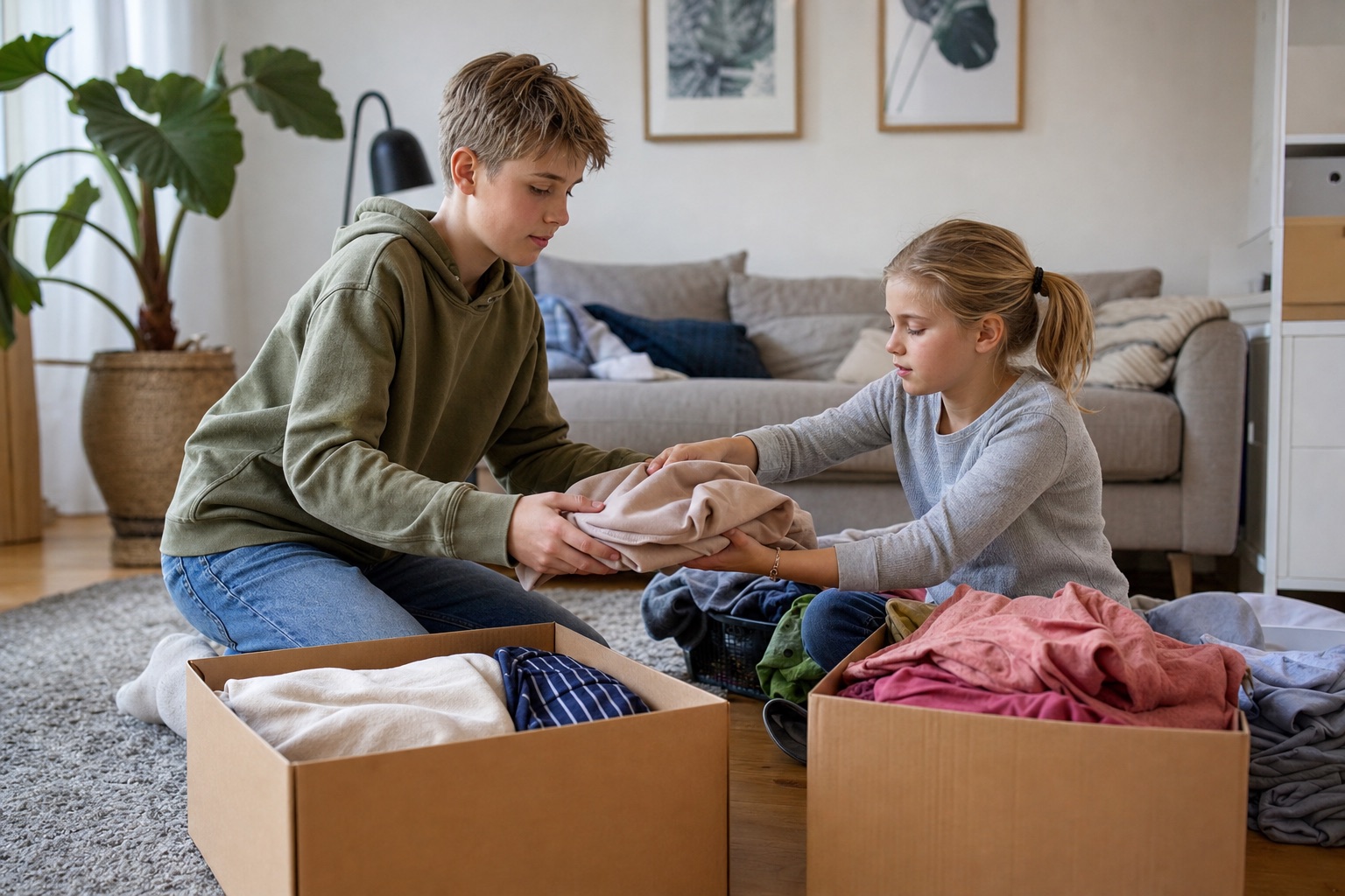 Two siblings collaborate to sort clean laundry into boxes.