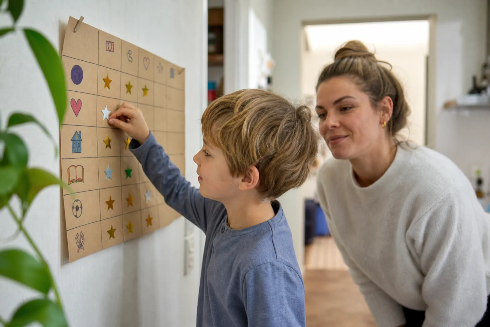 A child places a star on a simple weekly schedule with the support of a parent.