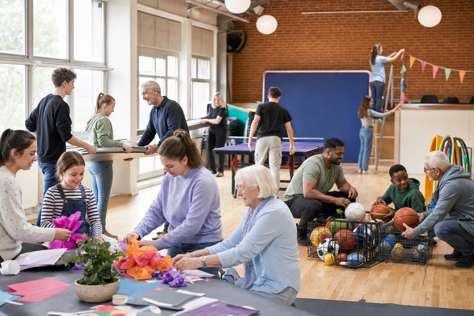 Volunteers from different teams are preparing a joint activity day in a community hall.