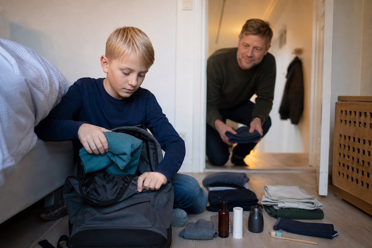 A child is packing their school bag in a quiet room with the support of a parent.